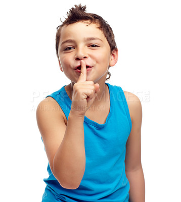Buy stock photo Portrait, secret and children with a boy standing finger on lips in studio isolated on a white background. Kids, whisper and gossip with a male child on blank space in secrecy or siilence