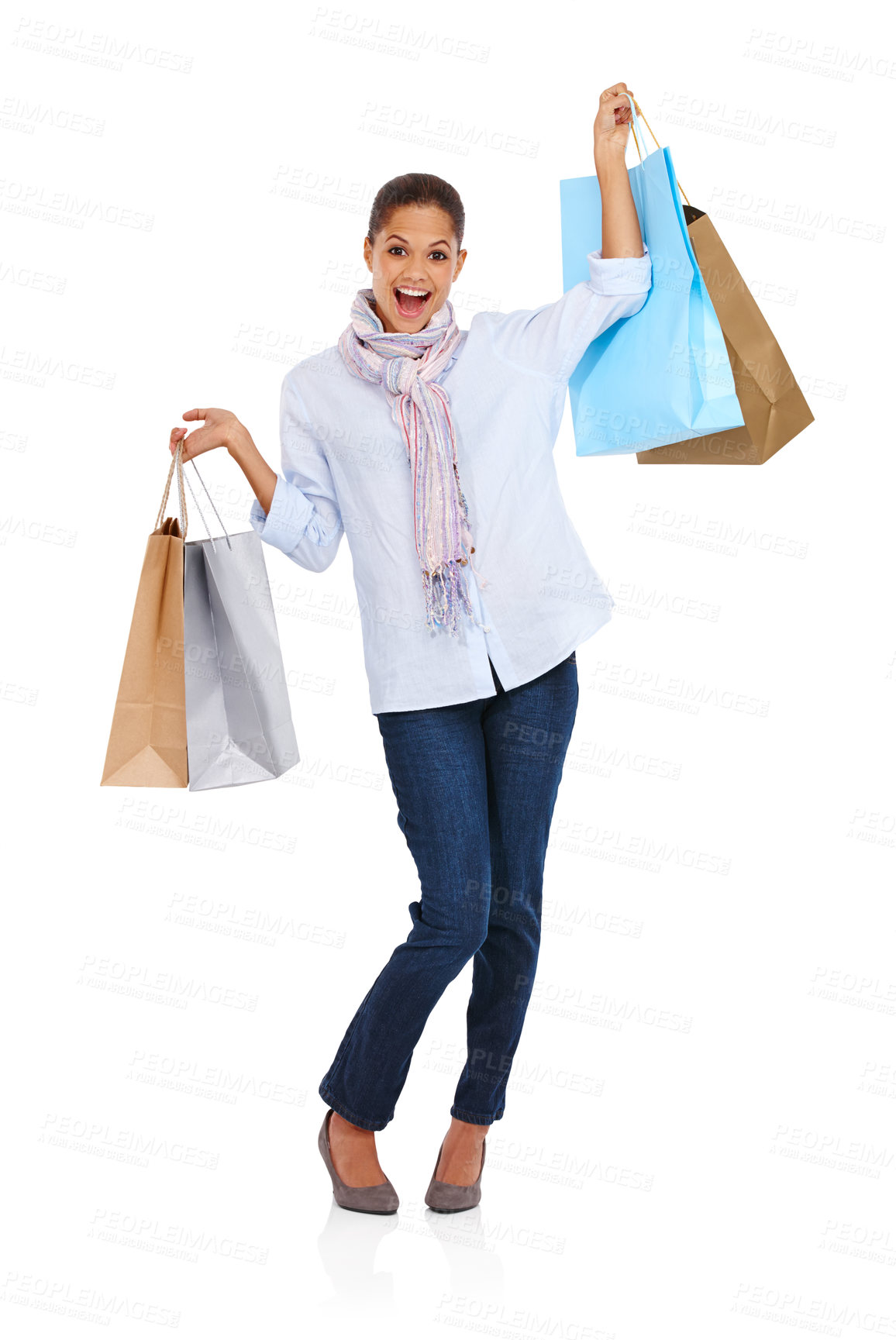 Buy stock photo Excited, woman and retail bags portrait of a model excited after retail, discount and sale deal bag. White background, isolated and happiness of customer shopping with vertical mockup and happy smile