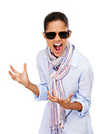Angry, frustrated and anxiety of a woman with sunglasses in in studio to scream for stress and depression. Mental health of female isolated white background for anger, psychology and crazy portrait