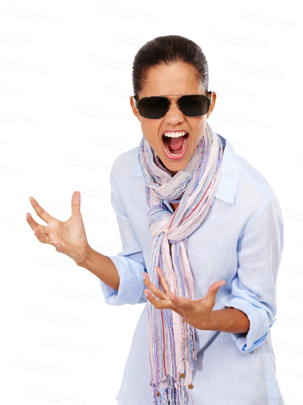 Buy stock photo Angry, frustrated and anxiety of a woman with sunglasses in in studio to scream for stress and depression. Mental health of female isolated white background for anger, psychology and crazy portrait