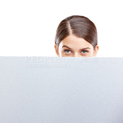 Buy stock photo Woman, marketing with mockup and poster in studio, product placement with black sign isolated on white background. Advertising portrait, board and space, female eyes and vision, branding or promotion
