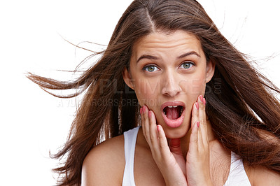 Buy stock photo Woman, face portrait and wow for surprise sale, discount or promotion for shocked or surprised emoji. Female beauty model isolated on a white background for reaction on fake news announcement