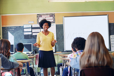 Buy stock photo African woman, teacher and classroom discussion with students for education, learning support and knowledge development. Happy black female, preschool classroom and tutor teaching young children 