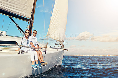 Buy stock photo Vacation, ocean and portrait of a couple on a yacht for adventure, freedom and sailing trip. Travel, summer and mature man and woman on a boat in the sea for a romantic seaside holiday in Greece.