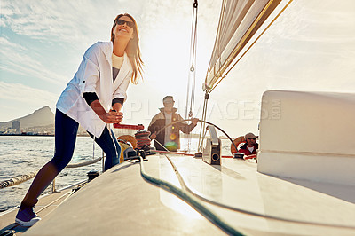 Buy stock photo Boat, couple and sea travel, retirement holiday and wealth investment for hobby and steering wheel teamwork. Rich, fun and sailing of happy, mature people on ocean or lake water for outdoor adventure