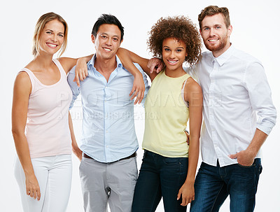 Buy stock photo Diversity, people and portrait smile of friends standing together in friendship against white studio background. Isolated diverse group smiling in for unity, community or profile on white background