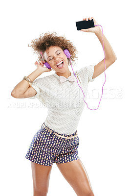Buy stock photo Phone music, dance singer and black woman listening to song, audio podcast or radio sound for energy, relief or fun. Studio singing, dancer girl or retro dancing student isolated on white background 