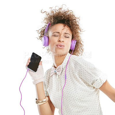 Buy stock photo Dance, phone and woman listening to music, mobile radio and web song singing. White background, black woman sing and happiness of isolated model streaming a podcast with headphones and audio