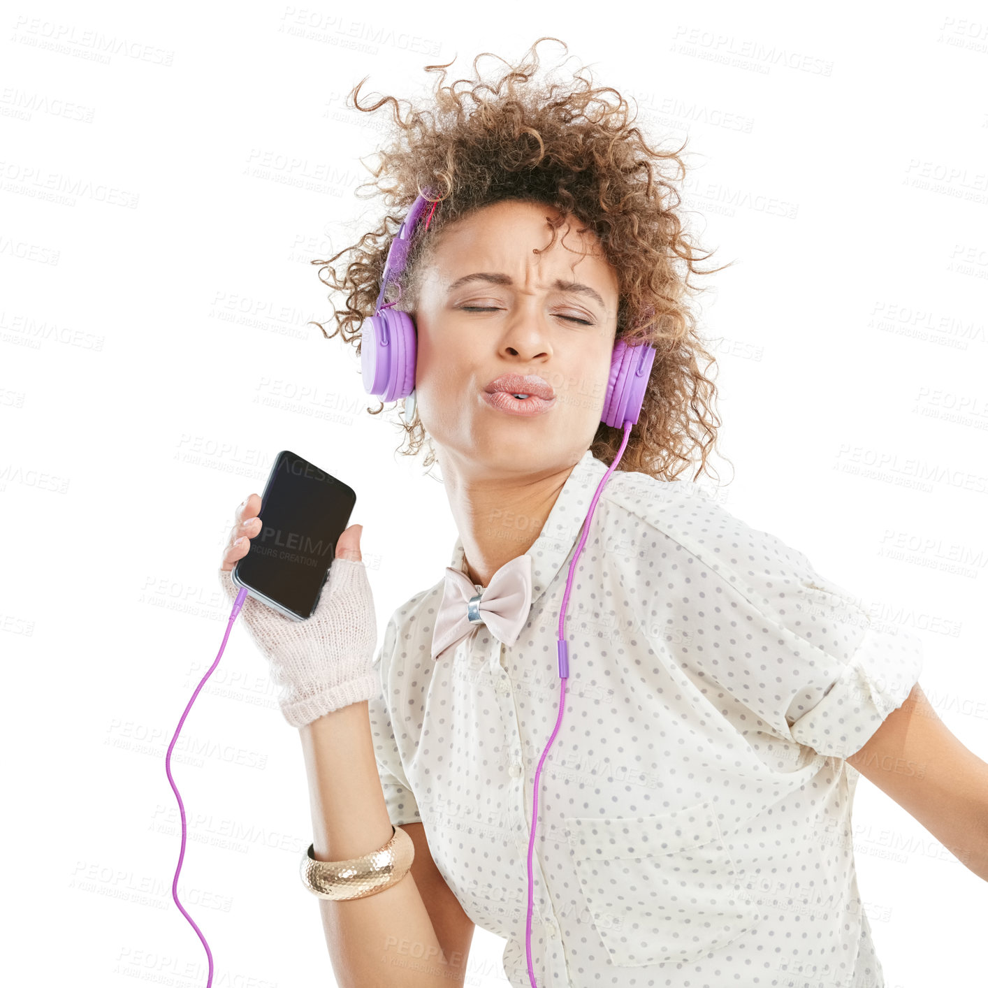 Buy stock photo Dance, phone and woman listening to music, mobile radio and web song singing. White background, black woman sing and happiness of isolated model streaming a podcast with headphones and audio