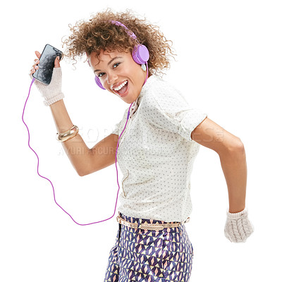 Buy stock photo Black woman, phone and dancing to fun music, podcast or radio against a white studio background. Portrait of isolated happy African American female dancer listening to audio track on white background