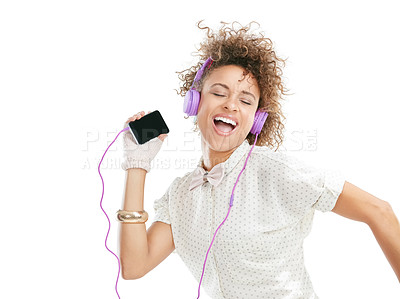 Buy stock photo Dance, happy and black woman sing phone music, phone radio and online audio with freedom. White background, woman and happiness of isolated person streaming a dancing track with headphones and mobile