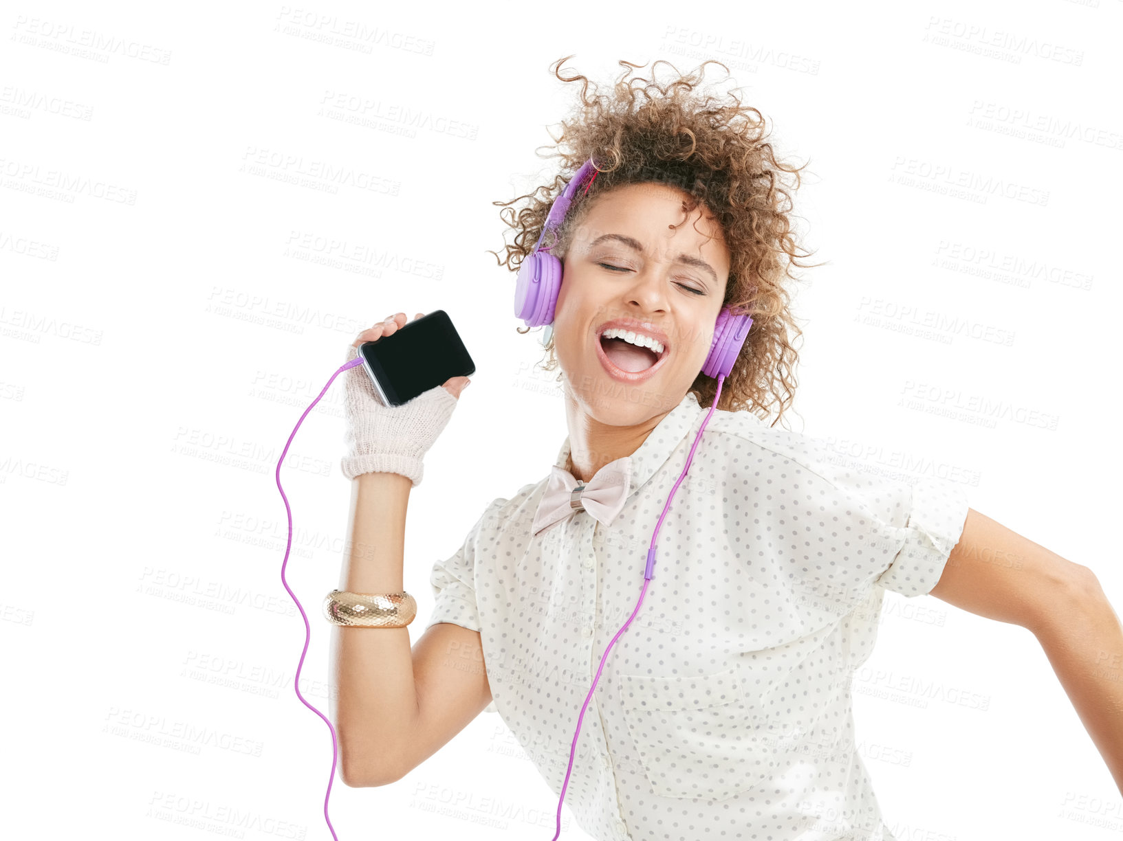 Buy stock photo Dance, happy and black woman sing phone music, phone radio and online audio with freedom. White background, woman and happiness of isolated person streaming a dancing track with headphones and mobile