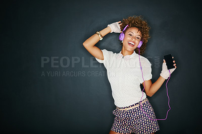 Buy stock photo Phone music, dance portrait and mock up black woman listening to song, audio podcast or radio sound with fun energy. Studio mockup, dancing girl and retro student isolated on dark background 
