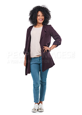 Buy stock photo Fashion, beauty and portrait of black woman on a white background with casual, trendy and stylish clothes. Elegant, smile and happy girl isolated in studio with confident, positive attitude and style