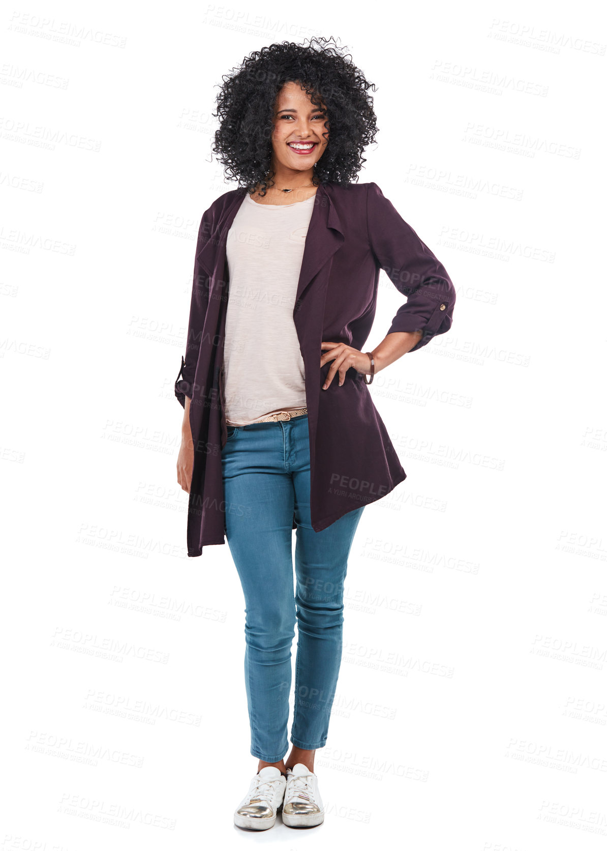 Buy stock photo Fashion, beauty and portrait of black woman on a white background with casual, trendy and stylish clothes. Elegant, smile and happy girl isolated in studio with confident, positive attitude and style