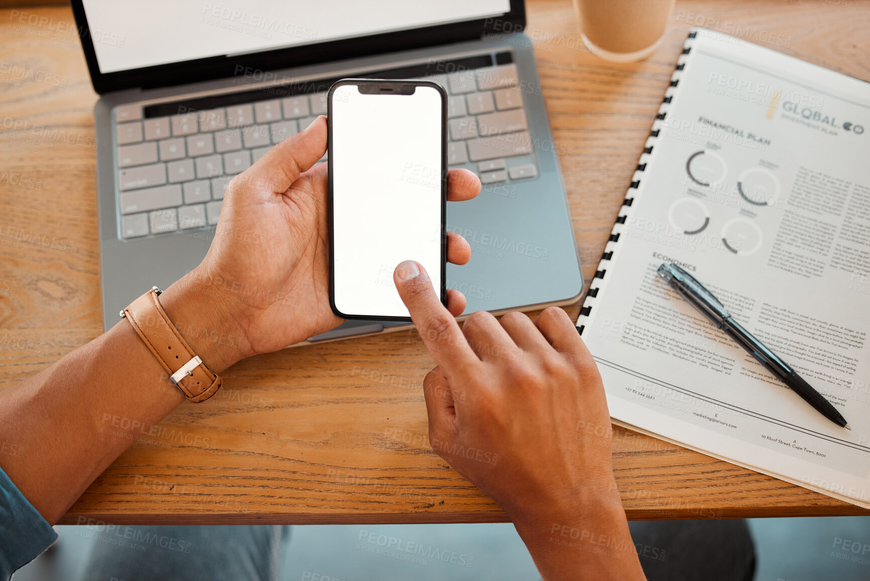 Buy stock photo Phone, networking and communication with the hands of a business woman typing or texting while sitting at her desk in the office. Marketing, advertising and touchscreen technology at work from above