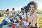 Portrait, black woman and friends with picnic, celebration and summer. Diversity, people and park party with food, drinks and conversation for bonding, loving and connection for break, event or smile