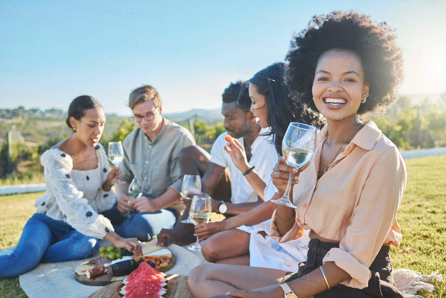 Buy stock photo Portrait, black woman and friends with picnic, celebration and summer. Diversity, people and park party with food, drinks and conversation for bonding, loving and connection for break, event or smile