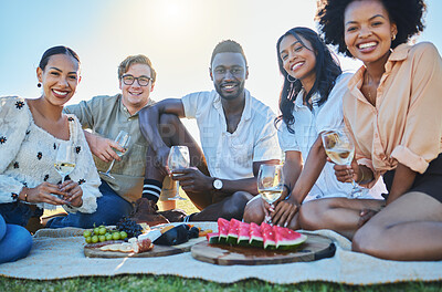 Buy stock photo Wine, fruit or friends at picnic to relax or bond on summer holiday vacation at countryside on grass field. Portrait, trust or happy people eating fruits with drinks to celebrate a reunion in nature