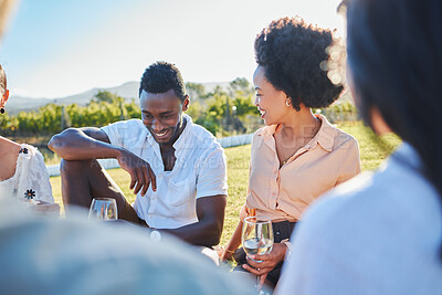 Buy stock photo Happy, wine or couple of friends at a picnic relaxing or bonding on a summer holiday vacation in nature. Smile, black woman and funny black man enjoying quality time and drinking alcohol in a park