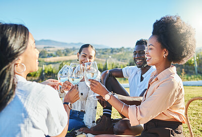 Buy stock photo Toast, nature or friends on a picnic to relax on holiday vacation to celebrate diversity or freedom. Cheers, wine and people with a happy smile, support or love in celebration of birthday or reunion 