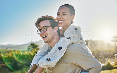 Buy stock photo Couple, interracial and love with adventure outdoor, piggyback and smile while on holiday with summer and sun. Relationship, commitment and care with man and black woman, happy with peace and travel.