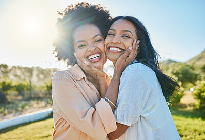 Buy stock photo Portrait, summer and black woman friends bonding outdoor in nature together during holiday or vacation. Family, sister or friendship with an attractive young female and friend together outside