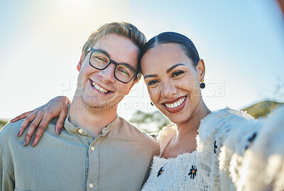 Buy stock photo Selfie, love and portrait of couple in park for quality time on weekend, holiday and vacation in summer. Dating, nature and interracial man and woman taking photo for affection, bonding and romance