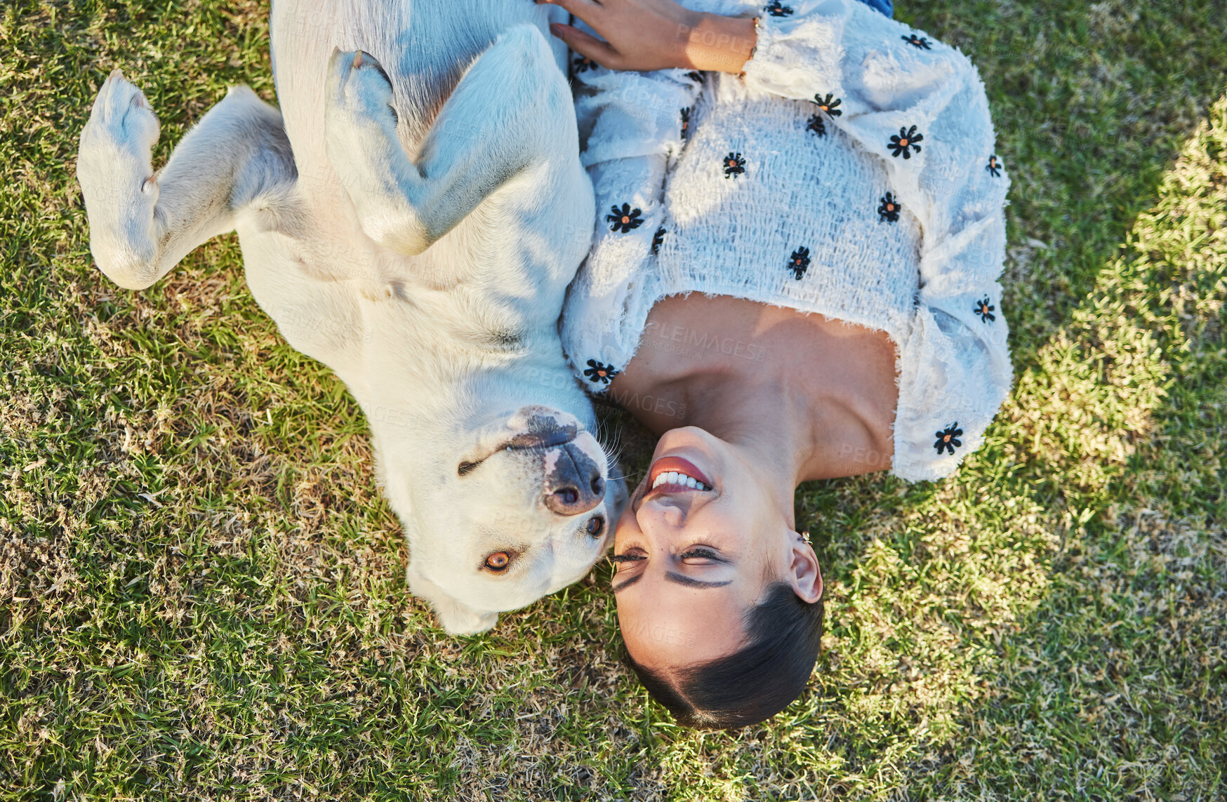 Buy stock photo Happy, woman and dog relax on grass with peace and outdoor fun in park, nature and hug pet with love and care. Animal with human bonding top view, Labrador puppy and happiness in countryside.