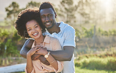 Buy stock photo Couple, black people and hug in park portrait with smile, sunshine and happiness for romantic love. Young black man, black woman and bonding embrace on summer adventure, relax and outdoor in Atlanta