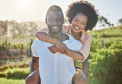 Love, piggyback and couple in nature for a date, marriage hug and smile for holiday romance in Puerto Rico. Happy, affection and portrait of a black man and woman at a countryside farm for vacation