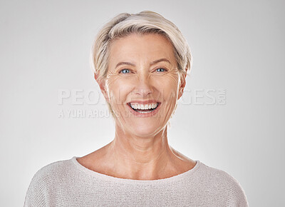 Buy stock photo Senior woman with smile for dental health, beauty skincare and content face against studio mockup background. Portrait of happy model with healthy teeth, facial makeup and wellness in retirement