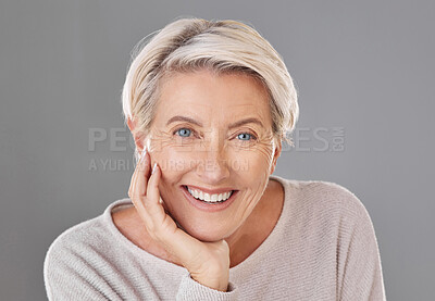 Buy stock photo Skincare, beauty and happy senior woman or face model   with healthy teeth giving a smile on a headshot studio portrait. Dental, wellness and cosmetic surgery for elderly women to stay beautiful 
