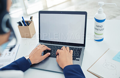 Buy stock photo Business, hands and employee at the office on a laptop working in customer support at the workplace. Worker typing on computer at work in a call center, contact us and service role with technology.