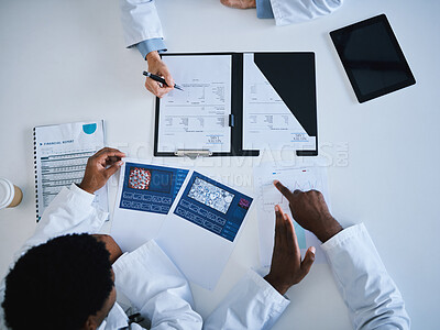 Buy stock photo Doctor, research paper and finance planning in meeting, collaboration or teamwork strategy with science cure paper. Top view, hands or healthcare data for medical workers searching insurance funding