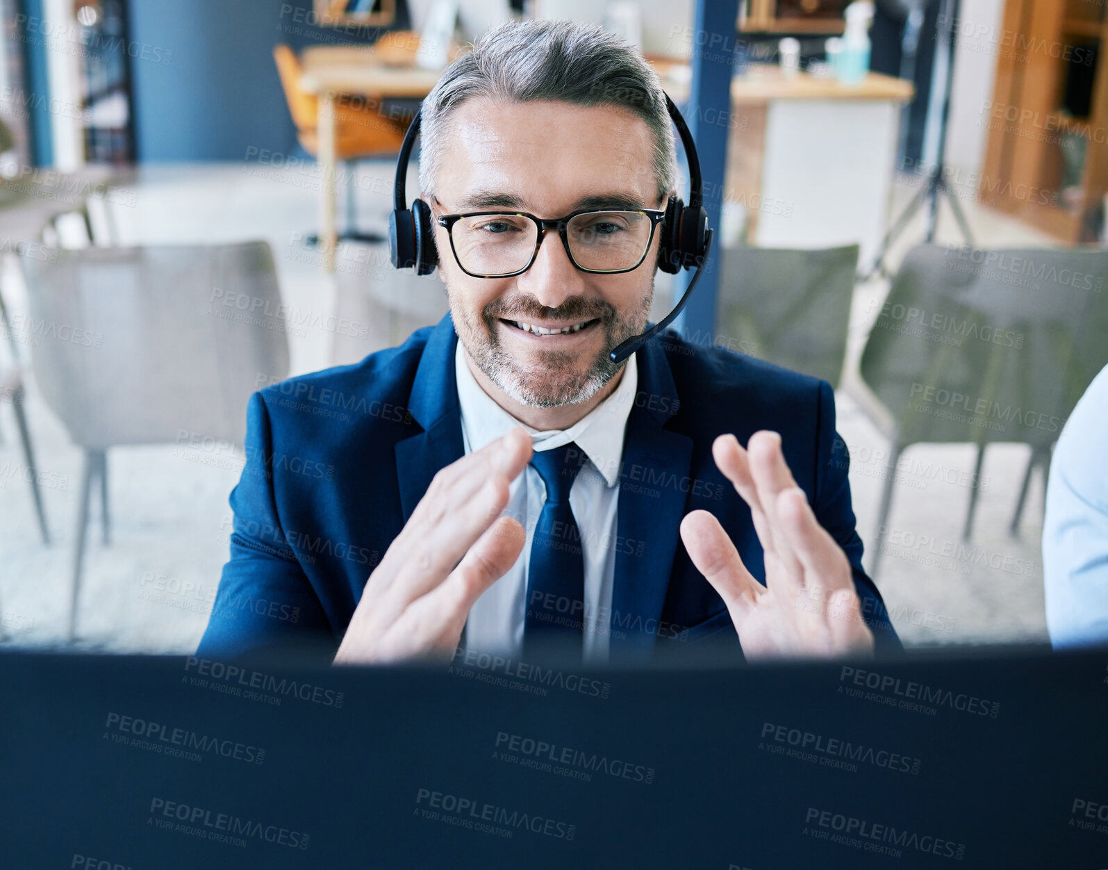 Buy stock photo Call center agent, telemarketing, and customer support consultant wearing a headset and looking happy during zoom video call conference. Contact us and crm operator for friendly service with a smile