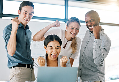 Buy stock photo Winning results, fist pump and celebration business people with laptop, online email success on finance profit, crypto or trading. Bonus, victory or yes hands sign of diversity team reading good news