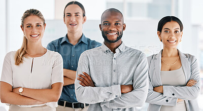 Buy stock photo Diversity, success and arms crossed with business people in corporate, innovation and mission office building. Motivation,  community or vision with employees together in teamwork, mission and growth