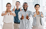 Diversity, team and thumbs up of business people in teamwork agreement for success at the office. Group of diverse employee workers together in collaboration in agree, yes or thank you hand gestures
