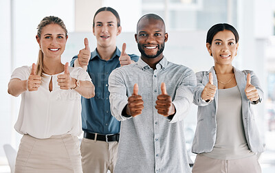 Buy stock photo Diversity, team and thumbs up of business people in teamwork agreement for success at the office. Group of diverse employee workers together in collaboration in agree, yes or thank you hand gestures