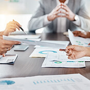 Business people hands, project management and planning of annual report ...