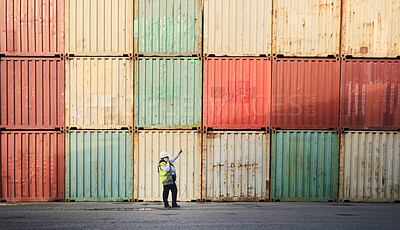 Buy stock photo Logistics, shipping yard and cargo containers manager woman talking on phone for communication for import and export at a shipyard. Female engineer and supply chain worker at a port in South African