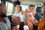 Card game, car and friends high five on a road trip enjoy holidays, vacation or fun weekend together. Winner, happy and excited girls celebrate playing, winning or victory with a smile in a caravan