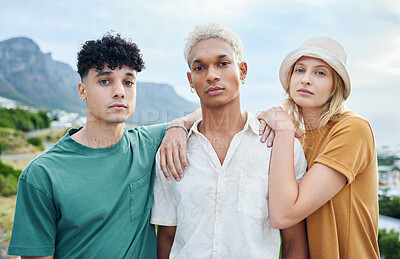 Buy stock photo Fashion, friends and summer with a man and woman friend group standing outdoor in nature for diversity, inclusion or acceptance. Portrait, lifestyle and real with young people posing together outside
