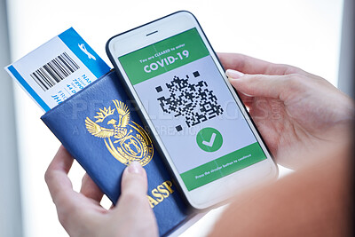 Passport, travel and covid vaccine phone barcode of hands holding documents for immigration. Plane ticket, digital airplane pass and identity document for a holiday, vacation or international trip
