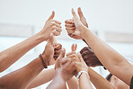 Thumbs up, together and hands do yes in closeup for group in agreement. Hand, goal and support for team, success and teamwork in zoom of fingers for diversity, happy and solidarity for startup goal