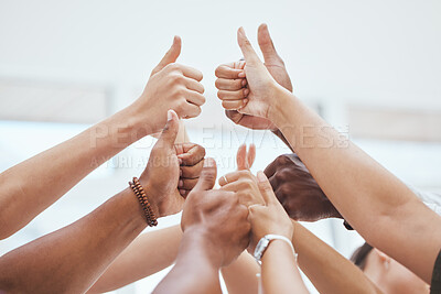 Buy stock photo Thumbs up, together and hands do yes in closeup for group in agreement. Hand, goal and support for team, success and teamwork in zoom of fingers for diversity, happy and solidarity for startup goal