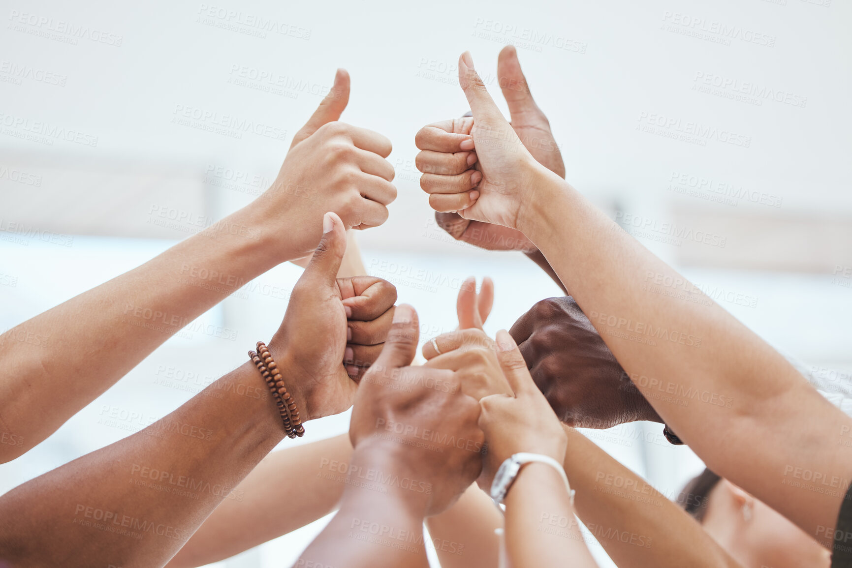 Buy stock photo Thumbs up, together and hands do yes in closeup for group in agreement. Hand, goal and support for team, success and teamwork in zoom of fingers for diversity, happy and solidarity for startup goal