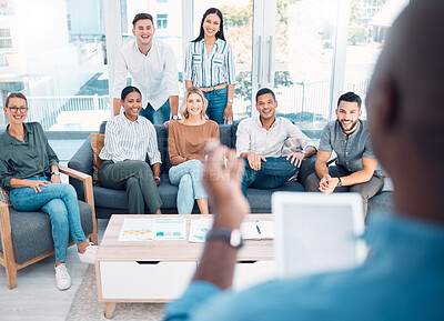 Buy stock photo Presentation, tablet and business people in meeting with the ceo planning, talking and speaking of our vision and mission. Leadership, mentor and African boss coaching employees on marketing skills