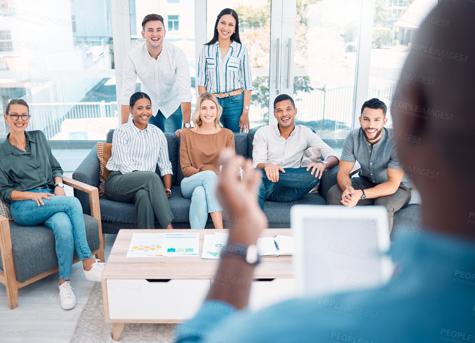 Buy stock photo Presentation, tablet and business people in meeting with the ceo planning, talking and speaking of our vision and mission. Leadership, mentor and African boss coaching employees on marketing skills